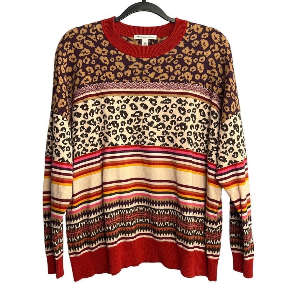 Cotton by Autumn Cashmere Leopard Fairisle Crew Neck Sweater Size XL